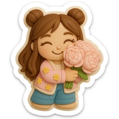 3D chibi fondant cake art style, high-quality rendering with smooth shadows and soft gradients. Girl based on reference image, preserving facial features and eye shape exactly as in the reference. Long brown hair styled in two space buns, brown eyes. Thick white outline like a sticker, transparent background. She is holding a bouquet of soft pink peonies to her cheek, eyes closed, smiling sweetly. sticker