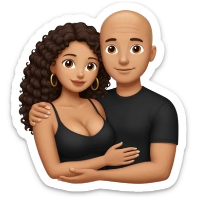 A picture of an embracing tanned couple. the man is a Mexican man with tanned skin, with a bald hair cut, and wearing a black shirt. the woman is mixed, glasses,  with long curly dark brown hair and with big boobs. Remove the glasses from the man sticker