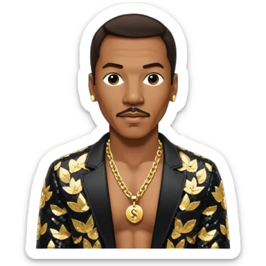 Eddie Murphy with dark brown hair, black sequin jacket, shirtless with necklace sticker