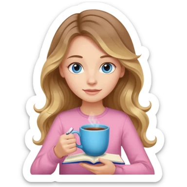 pretty female with long wavy brown hair with blonde highlights and blue eyes writing in a relaxed position in a pink journal with a cup of tea sticker