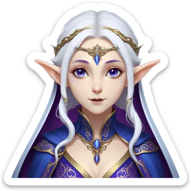 Cinematic Realistic WoW Elf Mage Portrait, head tilted dramatically with an exaggeratedly amused expression, blending timeless arcane wisdom with a touch of unexpected playfulness. Her luminous, porcelain-like skin and delicate features, complemented by an intricately detailed robe in deep blues and purples with golden filigree, are rendered with lifelike texture and dynamic magical lighting, high shine, dramatic yet whimsical, capturing the essence of an elven mage whose epic mastery is tinged with charming irreverence. sticker