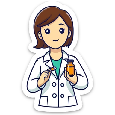 Brunette female Pharmacist holding an amber pill bottle sticker