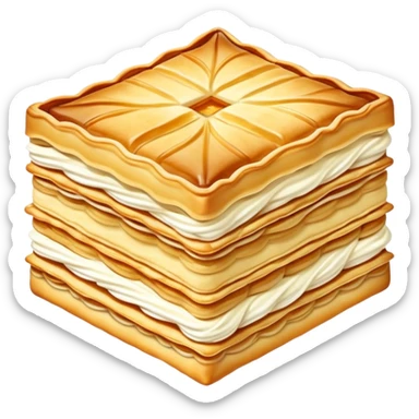 mille-feuille-cinematic-realistic-mille-feuille-dessert-emoji,-depicted-as-a-rectangular delicate-pastry-composed-of-two-crisp-layers-of-puff-pastry-with-a-rich-cream-filling,-rendered-with-intricate-textures-and-elegant,-soft-lighting. Please only show two layers only. sticker