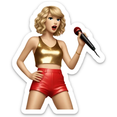 Taylor Swift performing in red shorts and gold top with red microphone sticker