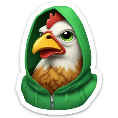 A chicken with an eye patch, wearing a green hoodie  sticker