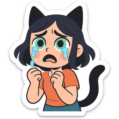 A girl with tears, black fox ears, and a tail, green eyes, dark hair sticker