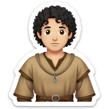 medieval outfit worn by a DnD themed fantasy character. basic wool tunic with a simple rope belt. clothes only above the waist. The clothes full waist. The character's haven't arms. character is curly black hair dark brown eyes short hair tan-skinned man. sticker