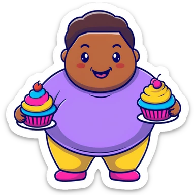 Extremely obese African American cartoon character with a very round face, smiling happily while holding colorful cupcakes sticker