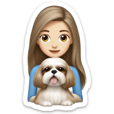 brown long hair pale skin girl with cream colored shih tzu  sticker