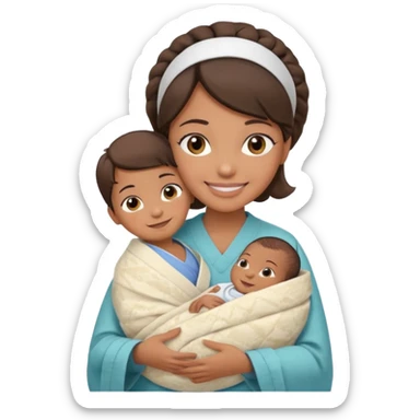 Female nurse smiling with a small hair roll on top of head with medium brown skin and brown eyes holding one new born  sticker