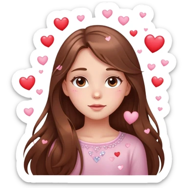 Girl with long brown hair blushing with sparkly eyes and little hearts floating around cartoon style delicate 🤩 sticker