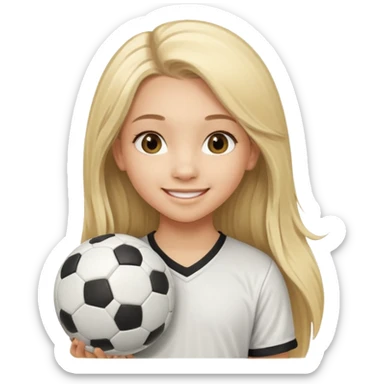 A girl with long light blonde hair with long eyelashes that looks around 13 years old with a soccer ball sticker