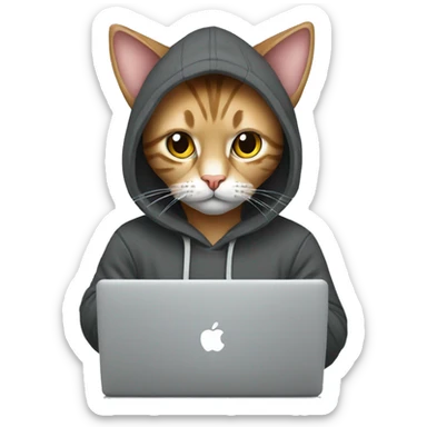 cat is a graphic designer in a hoodie and headphones, working at a computer in photoshop sticker