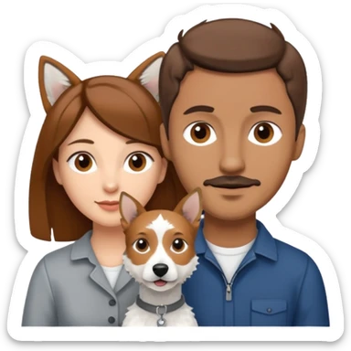 Quiero una pareja la mujer con el pelo castaño y el hombre con el color apenas moro hito con un perro Fox terrier blanco con gris  sticker