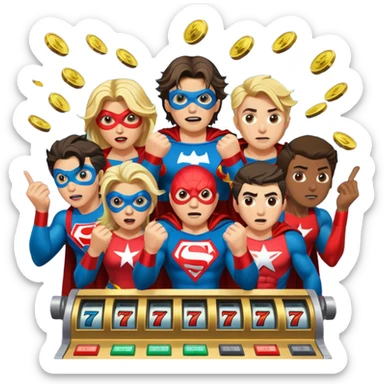 disheveled super heros losing money at a slot machine, panicked face, coins flying sticker