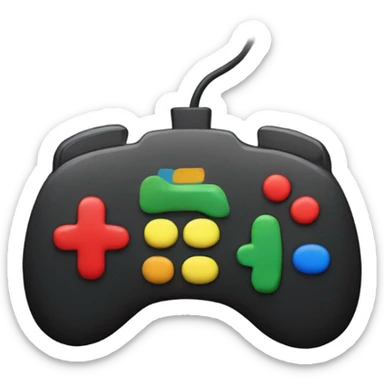 Video game controller with red, blue, yellow and green buttons, a black shell sticker