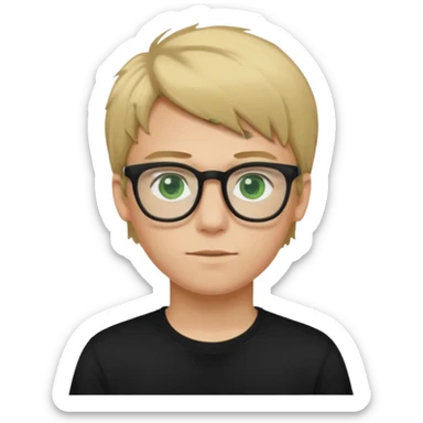 Generate me a profile picture like with a teenage boy who has dirty blond hair, green eyes, glasses and a black t-shirt sticker