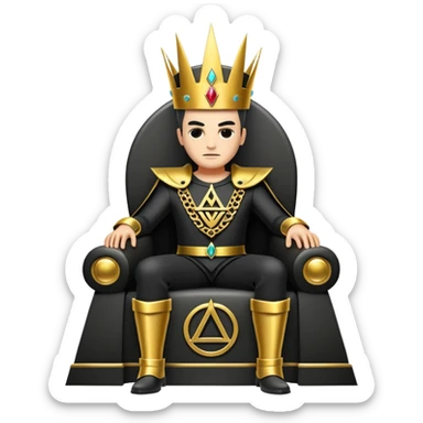 wide big iron black Illuminati throne with gold details and Illuminati symbol sticker