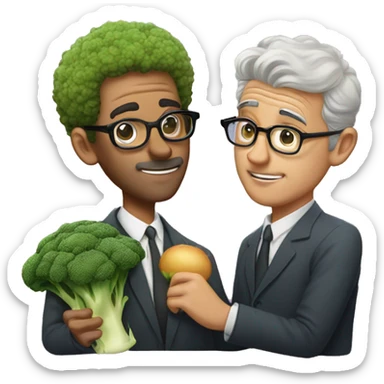 man in his 20s with broccoli hair and glasses kissing an aged man sticker