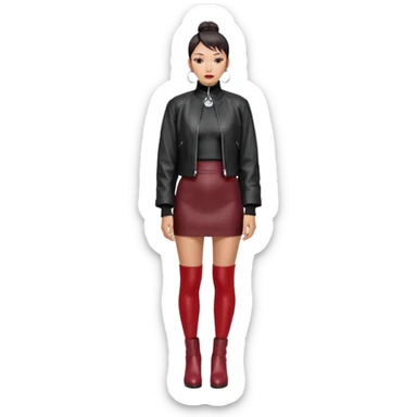 Full-body shot of an East Asian woman with a low sleek bun. Oversized black leather jacket that reaches the hips, black turtleneck, silver orb necklace. Red leather mini skirt, burgundy tights, and red long boots. Clean, fashion-editorial look. sticker