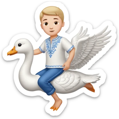 A boy in a Ukrainian white embroidered shirt flies on a white goose sticker