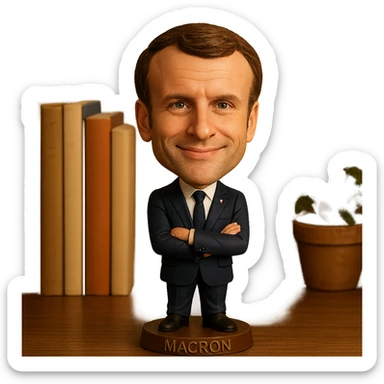 bobblehead style figure of Emmanuel Macron, French president, suit and tie, oversized head, confident smile sticker