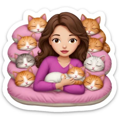 girl with long wavy brown hair, brown eyes, long lashes makeup, sexy pink lips, light to medium complexion,  sleeping on a cozy pillow, with 6 cats, sleeping sticker