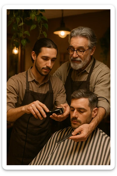 Inside a cozy barbershop with soft lighting, an experienced barber gently teaches his apprentice, guiding his hands as they cut hair together. The room is filled with warmth, plants hanging from the ceiling, and the hum of clippers sticker