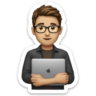male nerd with brown hair waiting in front of laptop sticker