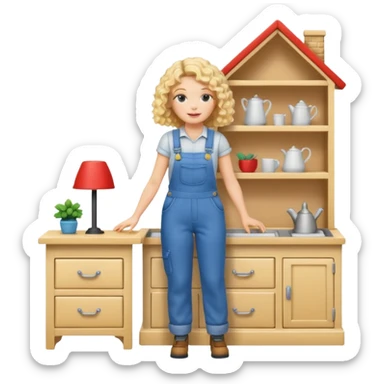 blonde curly woman arranging furniture in doll house with overalls sticker