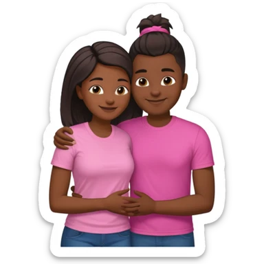 Black lesbian couple with one dark skin masculine with short hair low cut fade with a t shirt and one feminine with very long hair in a pink blouse hugging  sticker