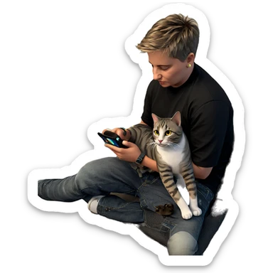 boy with cat and phone sticker