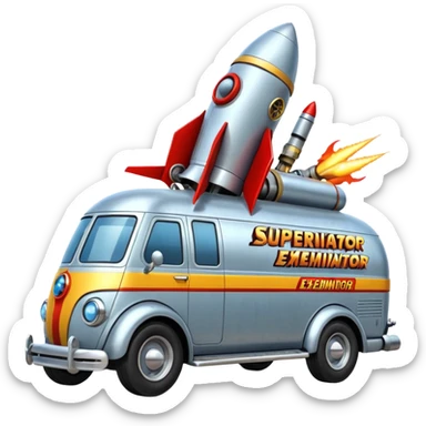 Heroic SuperBug hot rod Ron’s exterminator superminator antique rocket-powered tall robot transit van (motto: bug out rocket Bombing creepy bugs is fun) sticker