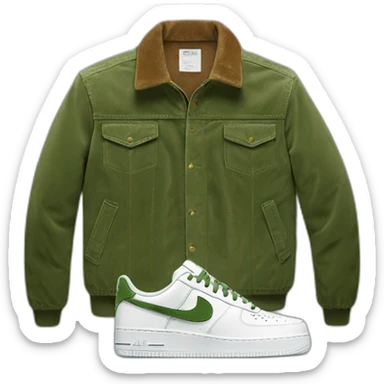 Set with white nike air force one shoes, brown corduroy pants and a green corduroy jacket sticker