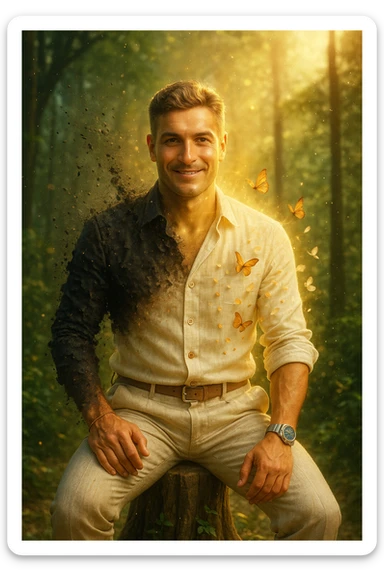 Trasformazione cinematografica: uomo d'affari in giacca sintetica nera che si sfalda come cenere, mentre da dentro emerge una nuova versione di sé vestita di lino color avorio, farfalle che nascono dalle fibre di cotone biologico, petali di fiori che si trasformano in bottoni di madreperla, capelli che diventano più folti e luminosi al contatto con tessuti naturali, pelle che letteralmente respira vapore dorato, city background che si trasforma in foresta rigogliosa, slow motion epico con particelle di luce danzanti sticker