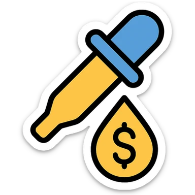 colored icon of a pipette with a golden drop, dollar sign inside the drop sticker