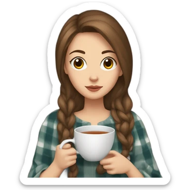 white girl with brown hair drinks tea wrapped in a plaid watching a TV series sticker