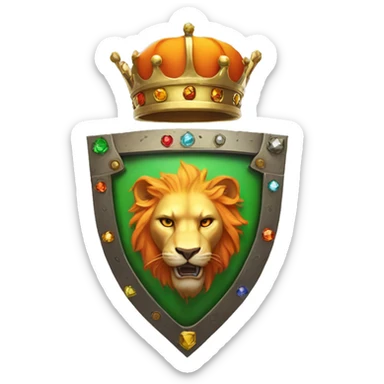 Flag: white left, orange right. Center: shield in the flag with golden crown, colorful gems. Creature in the shield: lion upper, brown; dragon lower, green scales. sticker