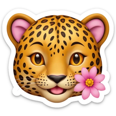A leopard with smile and mouth closed, A pink flower with a yellow center is tucked behind its right ear
 sticker
