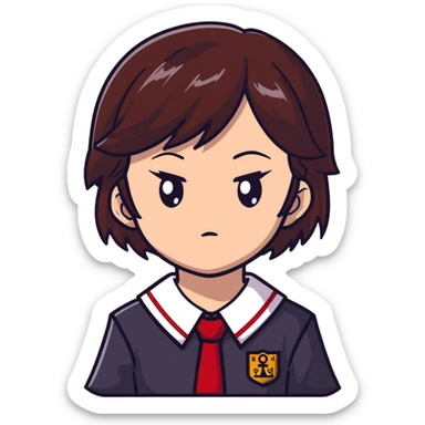 Ayanokoji with cold, expressionless face, sharp brown eyes, dark brown hair, red school uniform, serious vibe sticker