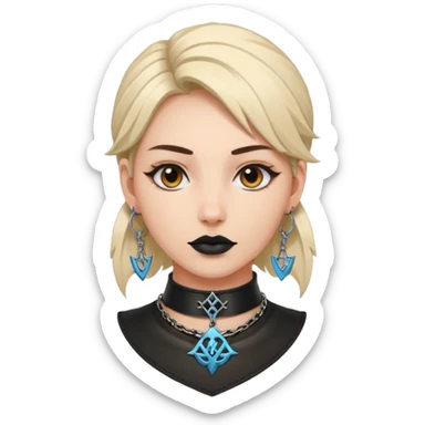 Leather choker with sigil around woman’s neck, pulse visible, dominance tone sticker