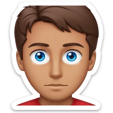 Man with blue eyes, brown hair, tan skin, red shirt sticker