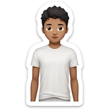 emoji of a sixteen-year-old with brown skin, wavy black hair in a taper fade hairstyle, handsome face, skinny body, wearing a white t-shirt sticker