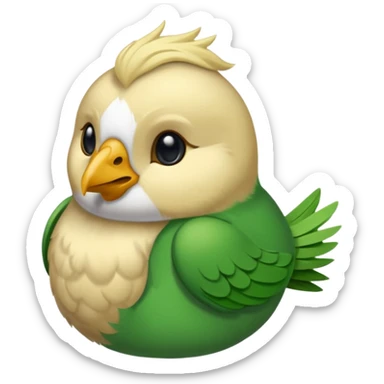 un oiseau classique de profil tout vert même sa tête  et un seul poil blond qui fait une petite bouclette sur le front avec le collier argenté avec des ronds attachés au collier est autour du coup de l’oiseau entre la tête et le corps sticker