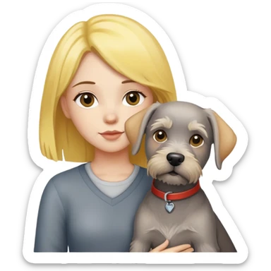 A girl with yellow hair holding a schnauzer and a labrador sticker