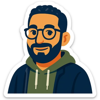 Make the icon look like the person in the reference photo: round glasses, short curly dark hair, full dark beard, olive hoodie, friendly expression in vibrant toon style. Keep transparent background. sticker