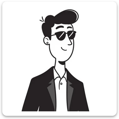 A 30-year-old Latino male musician with a piercing in one ear, wearing sunglasses, with a fashionable short hairstyle styled up and to one side, smiling confidently and wearing a jacket, shrugging his shoulders with a carefree attitude sticker