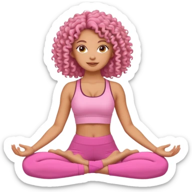 Uma mulher de cabelo cacheado, usando roupa de yoga rosa, em uma posição de yoga bonitinha sticker