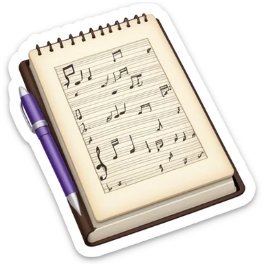 Create an emoji representing songwriting. The design should feature an open notebook or sheet music with visible lyrics and musical notes, symbolizing the process of writing song lyrics. A single pen or pencil should be placed near the notebook, indicating active writing. Use a harmonious color palette with warm and neutral tones. Do not include any emojis or smiley faces. Make the background transparent. sticker