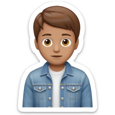 Create me an Ai emoji boy with brown hair, brown eyes, light brown skin wearing a white t-shirt and denim jacket sticker